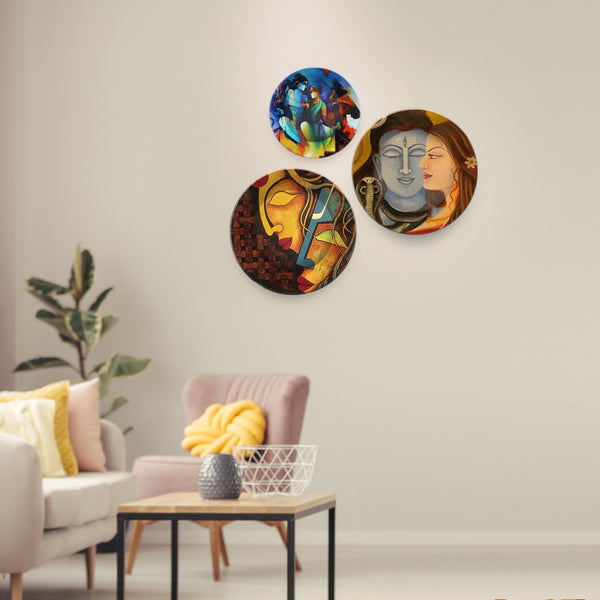 Ceramic Wall Plates Painting of Lord Shiva and Parvati 3 Pieces