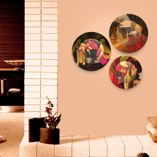 Premium 3 Pieces Ceramic Wall Plates Painting of Indian Culture and Modern Art