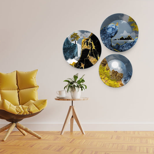 Golden Abstract Mountain Scenery Painting Wall Plates Set of 3