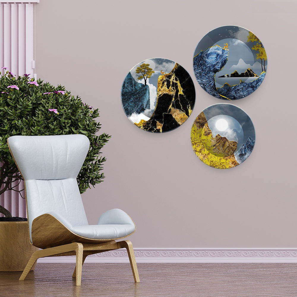 Golden Abstract Mountain Scenery Painting Wall Plates Set of 3