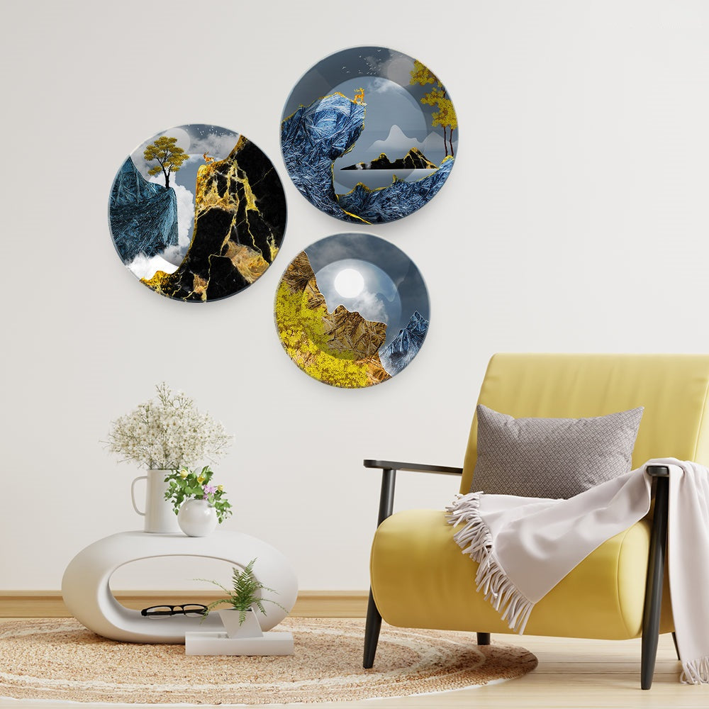 Golden Abstract Mountain Scenery Painting Wall Plates Set of 3