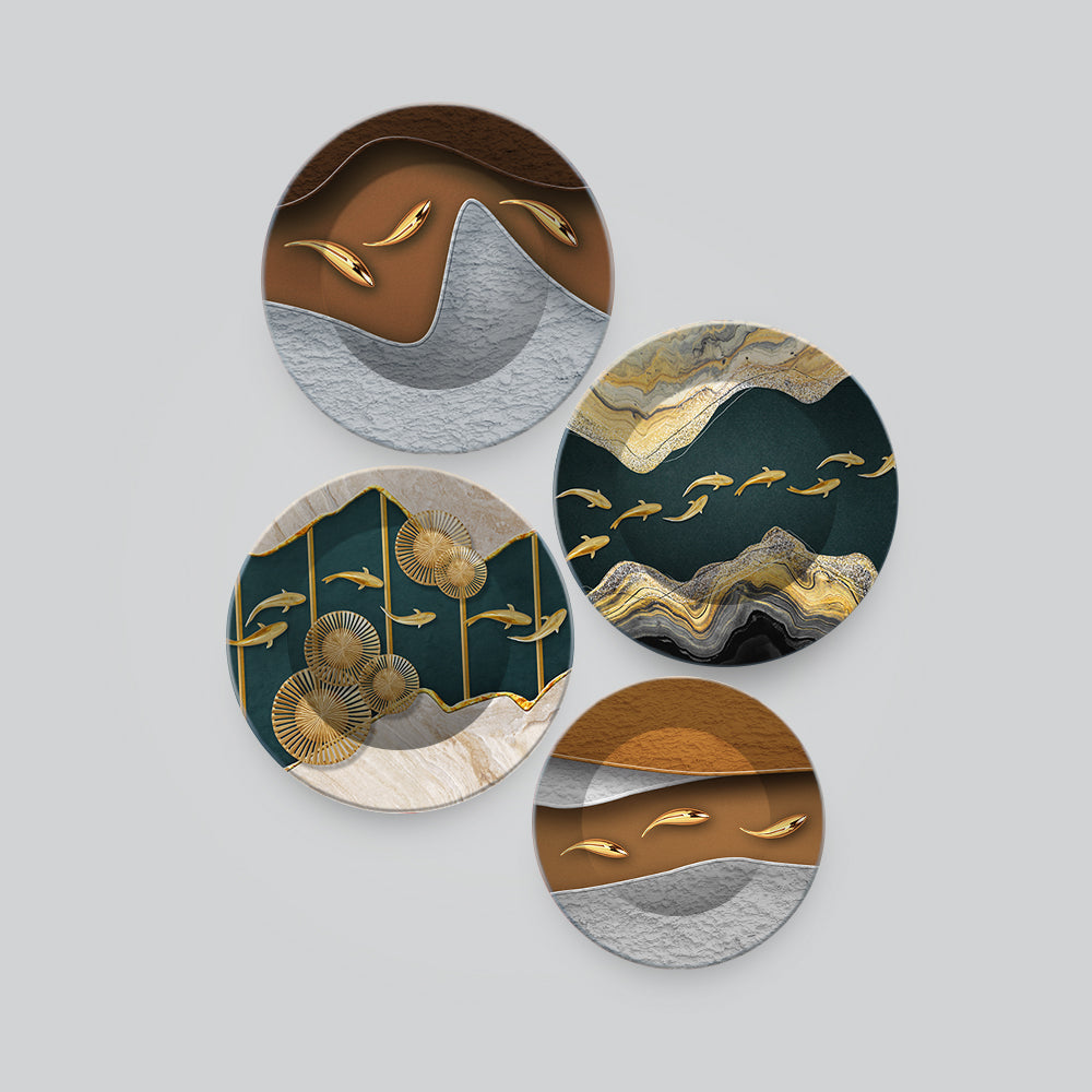 Modern Golden koi Fish Abstract Wall Plates Set of 4