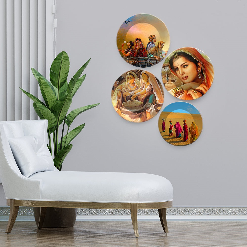 Traditional Rajasthani Women Culture Art Wall Plates Set of Four