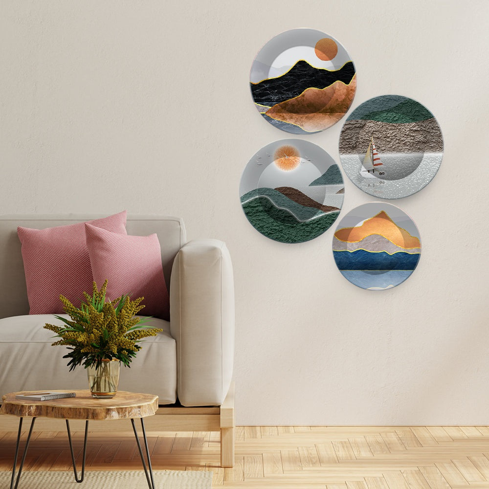 Mountain Landscape Scenery Painting Wall Plates Painting Set of Four