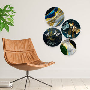 Abstract Golden Textured Art with Butterflies Wall Plates Painting Set of Four