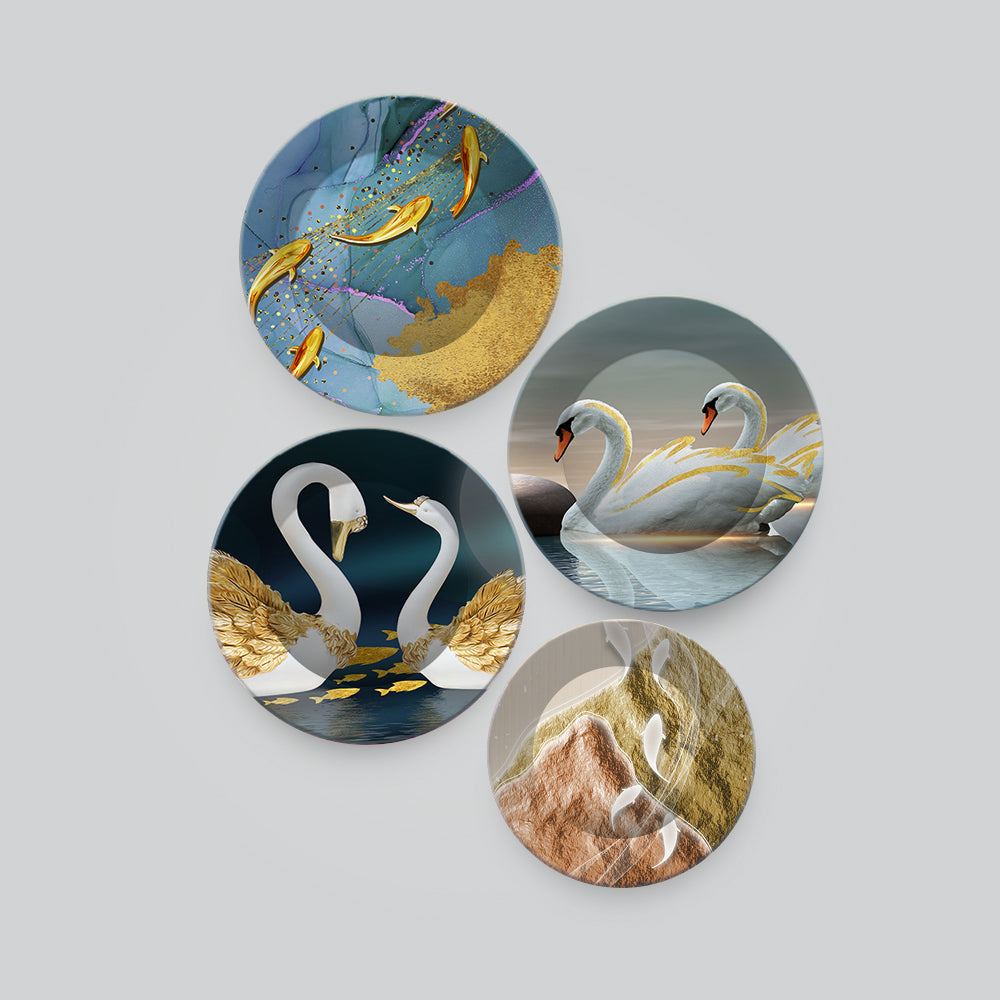 Beautiful Pair of Swan Couple Premium Wall Plates Painting Set of Four