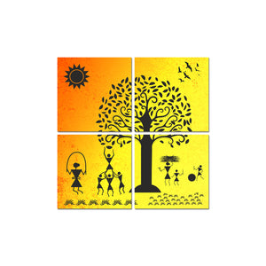 Warli Art Village Wall Hanging Painting, 4 Pieces