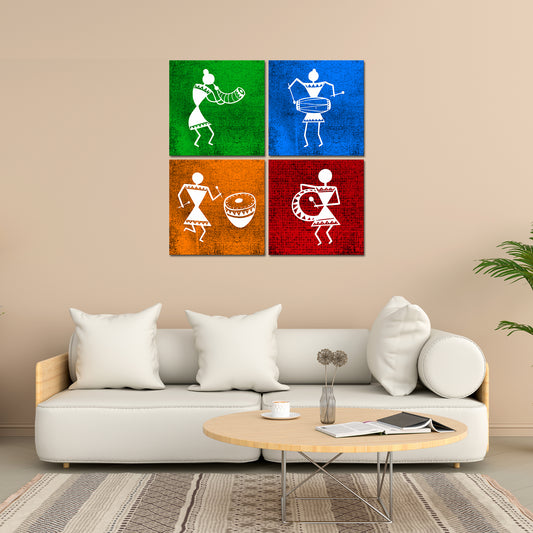 Warli Art Wall Hanging Painting, Set of Four Panels