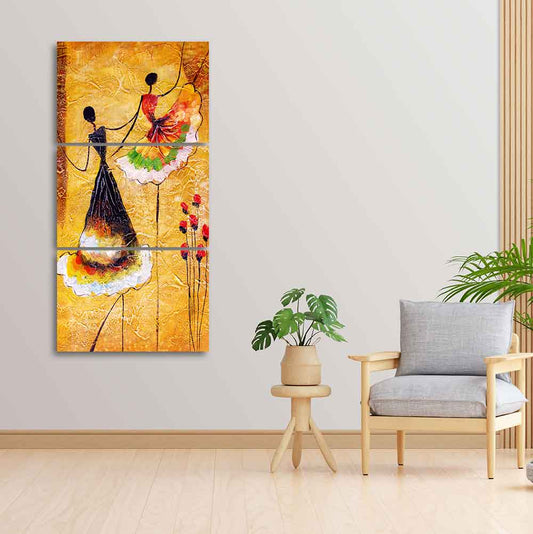 A Beautiful 3 Pieces Wall Painting of Dancing Beauties Warli Art
