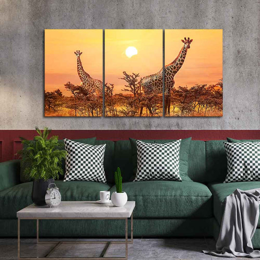 A Beautiful 3 Pieces Wall Painting of Giraffes Sunset in Background