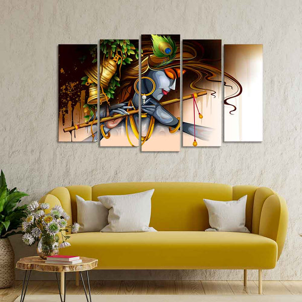 A Beautiful 5 Pieces Premium Wall Painting of Lord Krishna Playing Bansuri