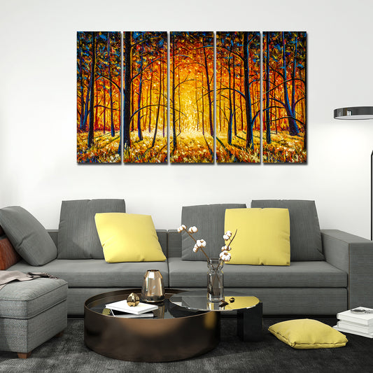 A Beautiful 5 Pieces Premium Wall Painting of Tree Forest in Sunset