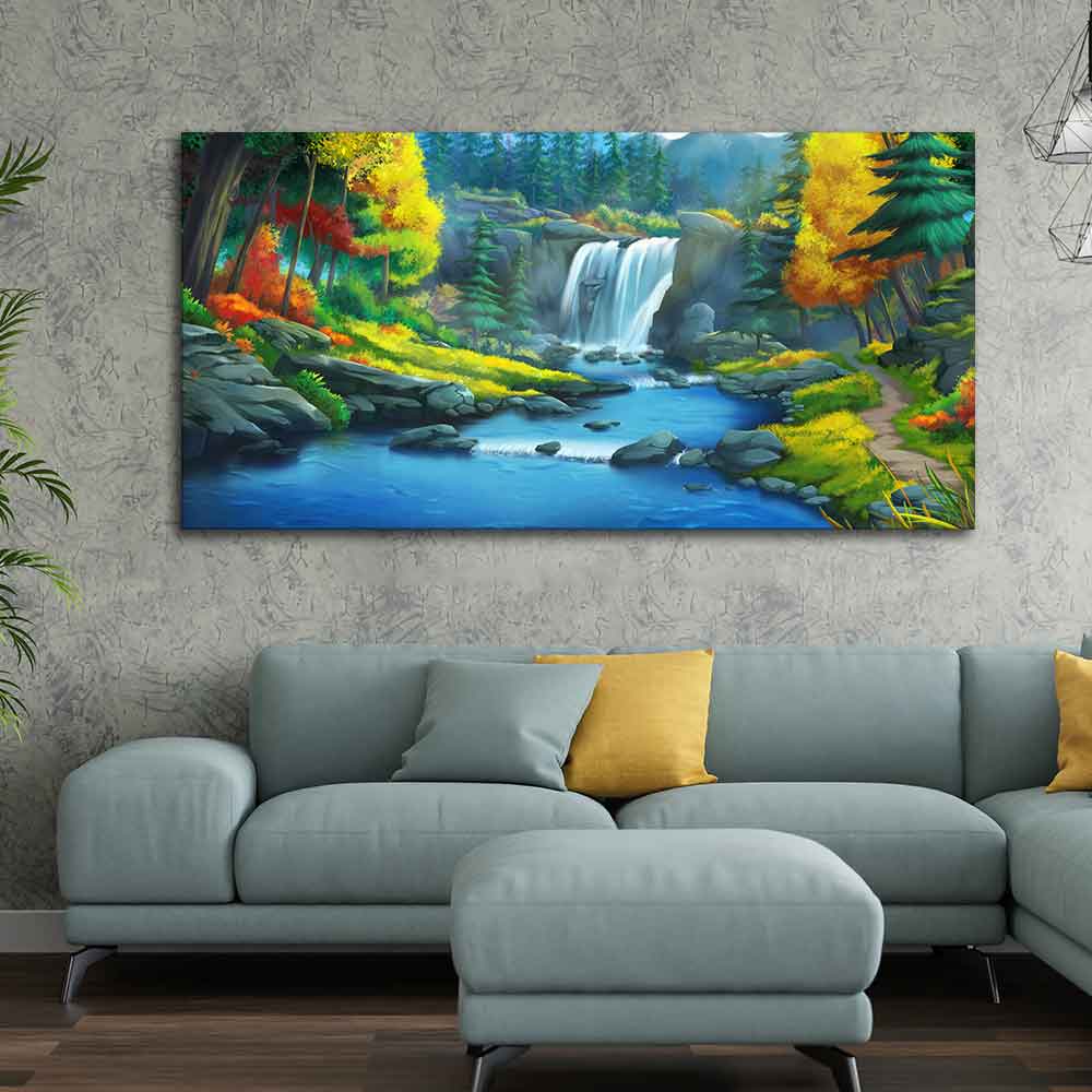 A Beautiful Scenery of Waterfall In Forest Canvas Wall Painting