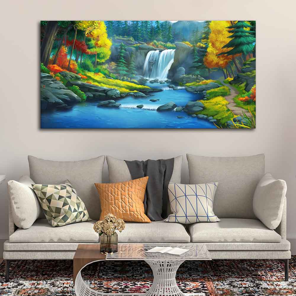 A Beautiful Scenery of Waterfall In Forest Canvas Wall Painting