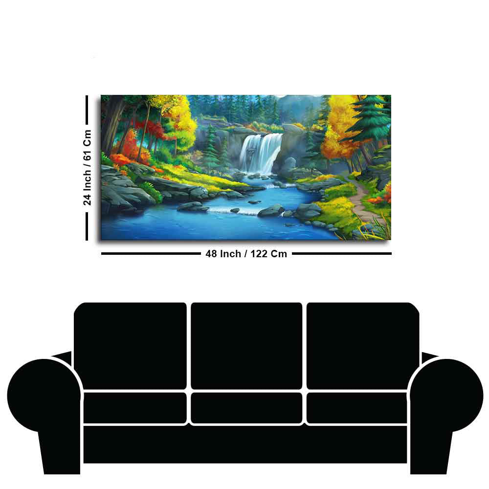 A Beautiful Scenery of Waterfall In Forest Canvas Wall Painting