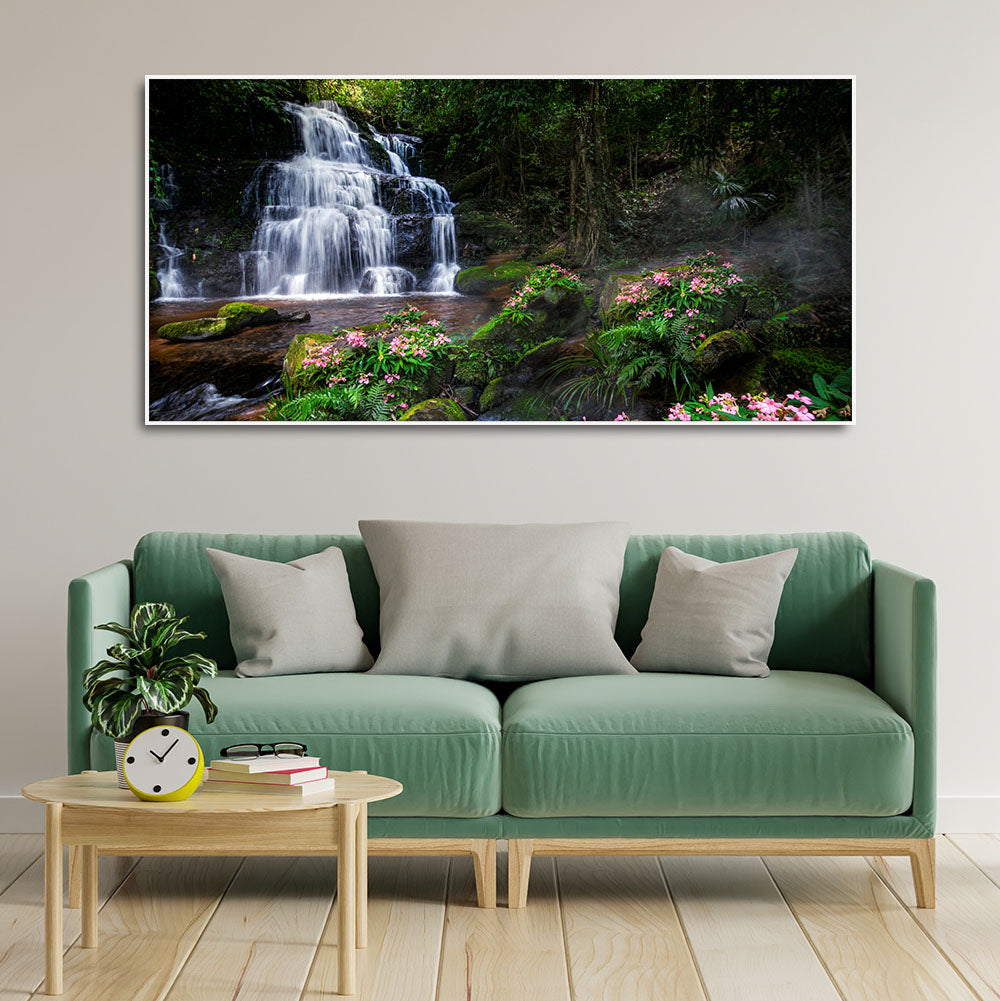 A Beautiful Waterfall in Forest Premium Canvas Wall Painting