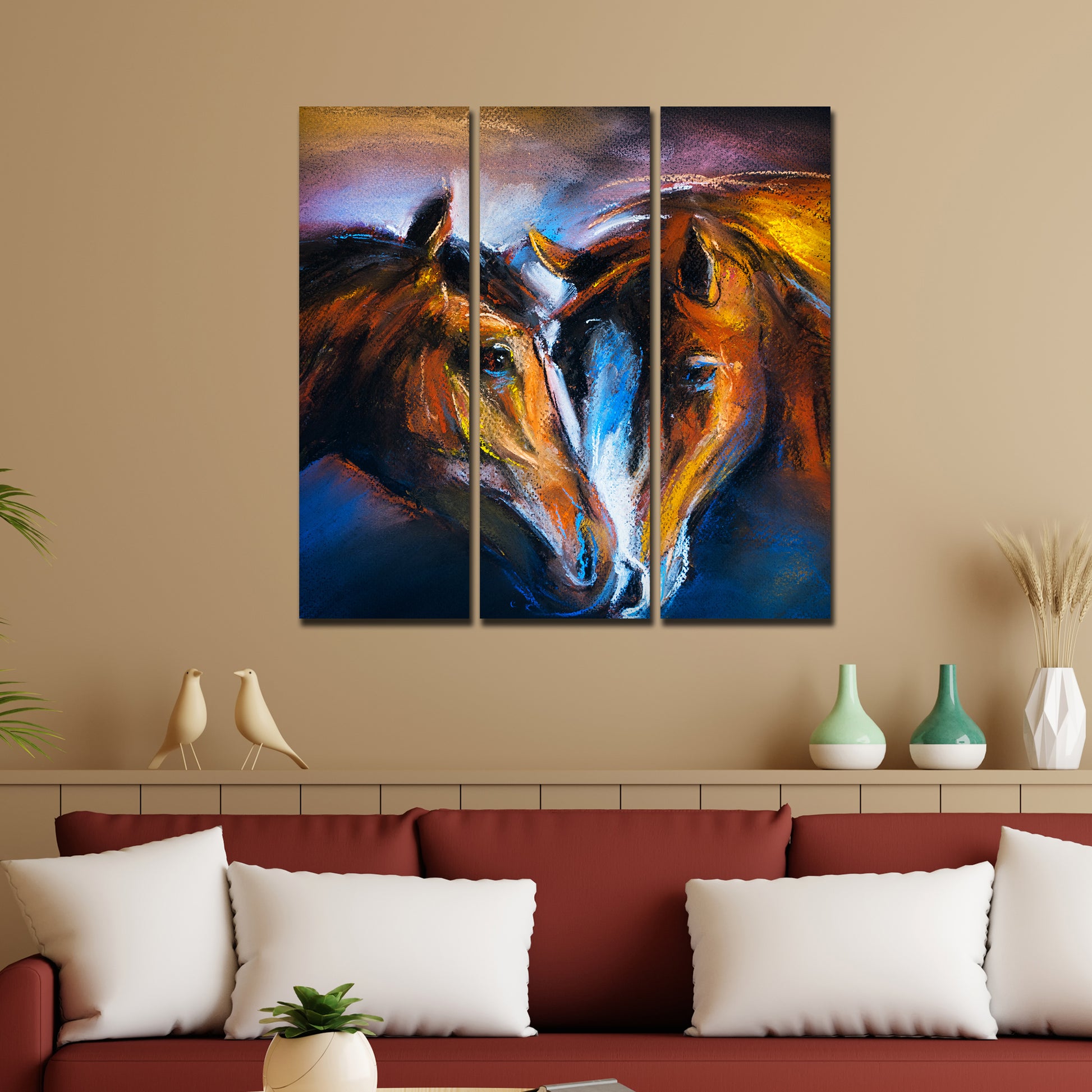 A Couple of Horses Canvas Wall Painting of 3 Pieces