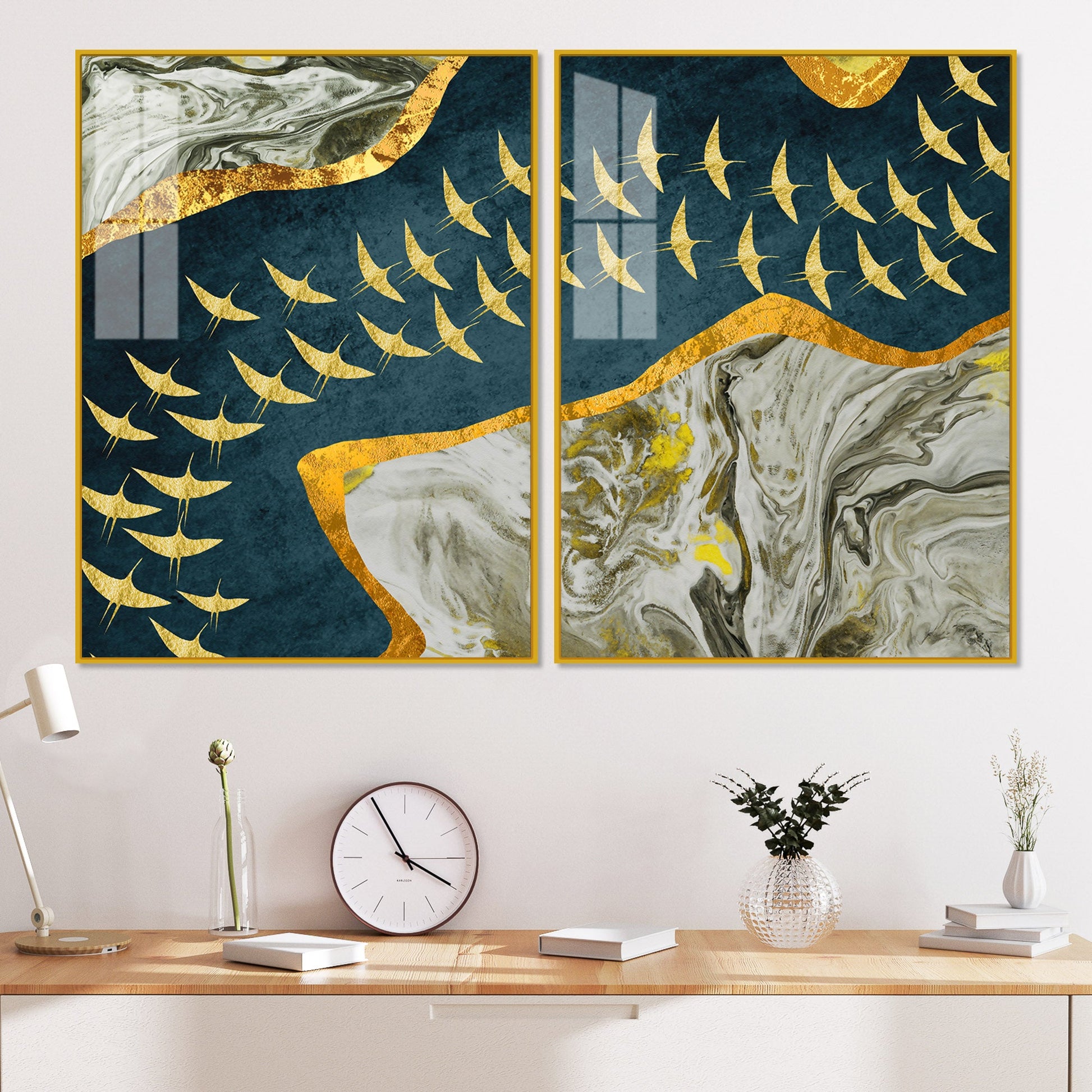 A Flock of Golden Birds Acrylic Floating Wall Painting Set of 2