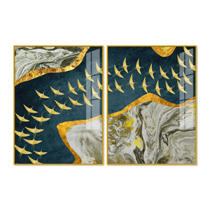 A Flock of Golden Birds Acrylic Floating Wall Painting Set of 2