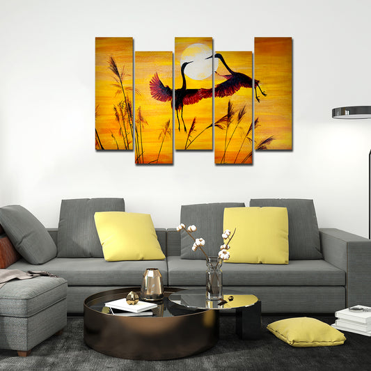 Pair of Cranes Flying 5 Pieces Canvas Wall Painting
