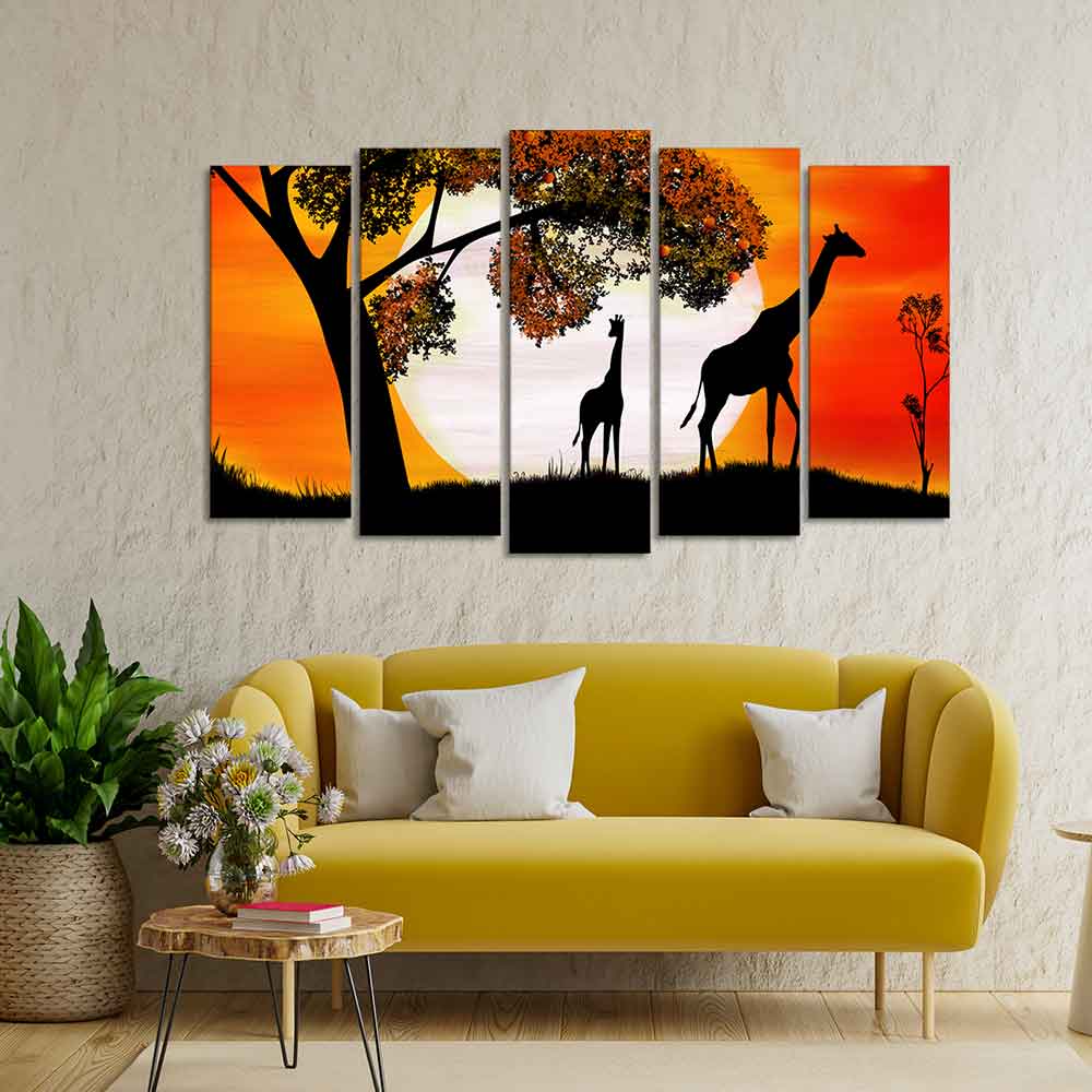 A Pair of Giraffe under a Tree in Sunset Canvas Wall Painting of Five Pieces