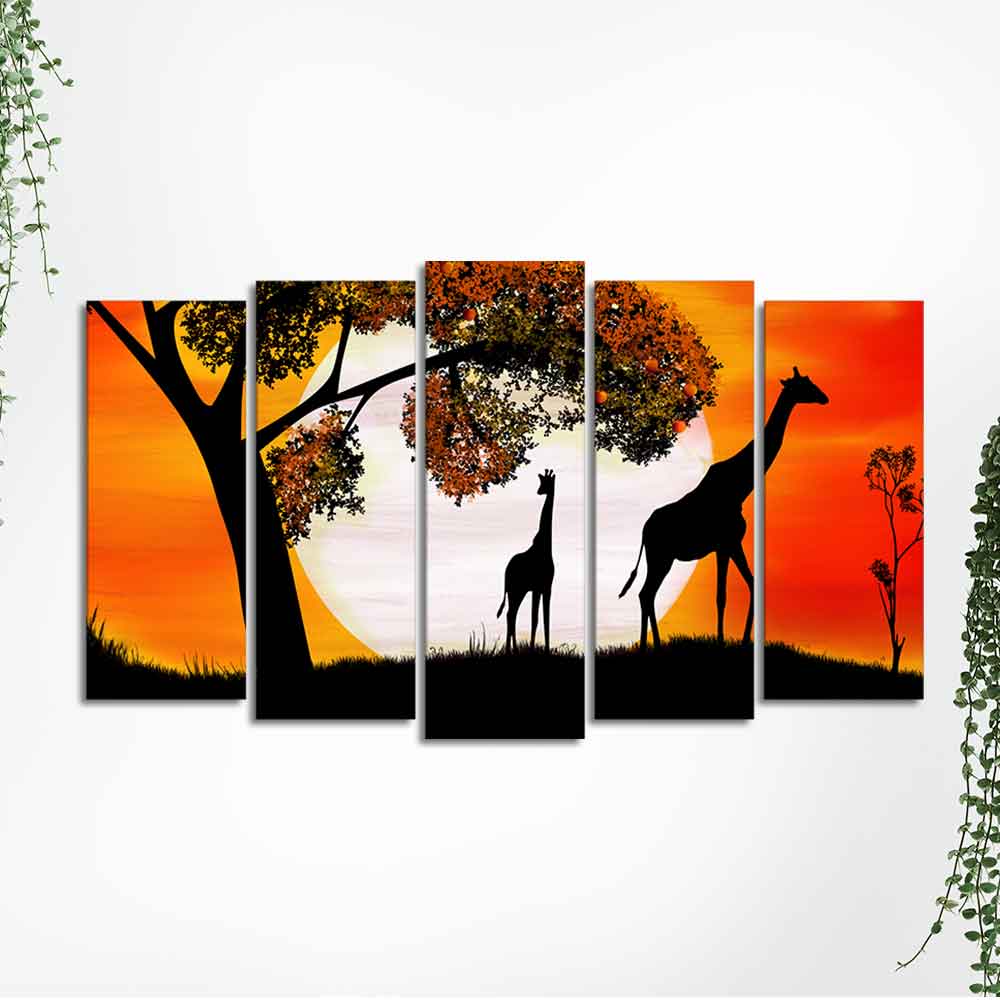 A Pair of Giraffe under a Tree in Sunset Canvas Wall Painting of Five Pieces