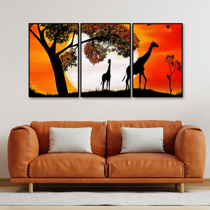 A Pair of Giraffe under a Tree in Sunset Floating Canvas Wall Painting Set of Three