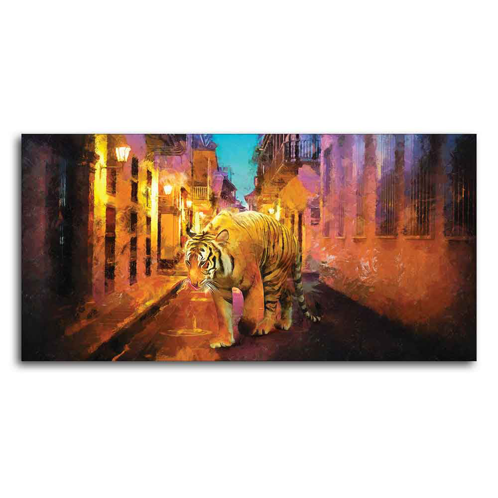 A Tiger Walking in the Street Premium Wall Painting