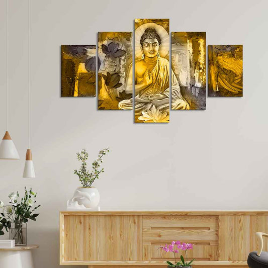 Abstract Art Meditating Lord Buddha Wall Painting Five Pieces