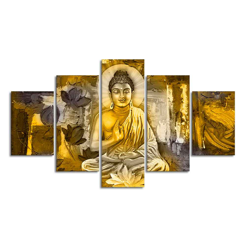 Abstract Art Meditating Lord Buddha Wall Painting Five Pieces