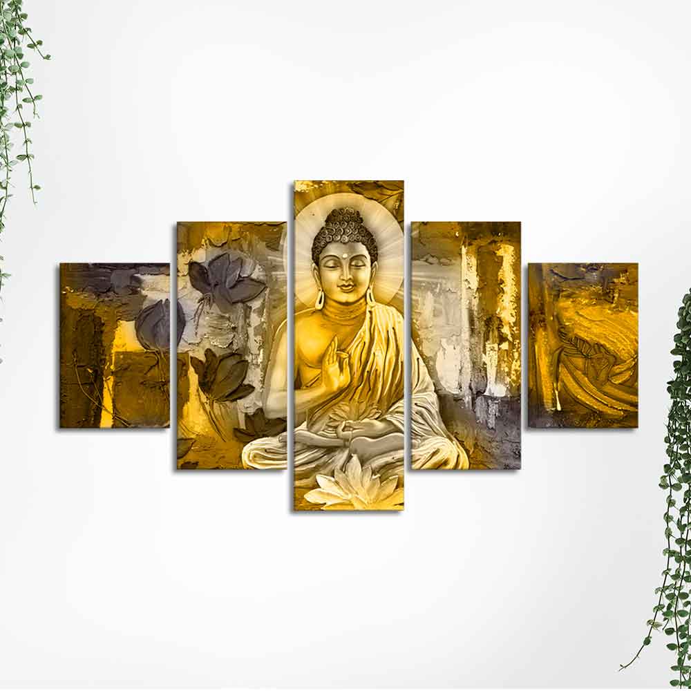 Abstract Art Meditating Lord Buddha Wall Painting Five Pieces