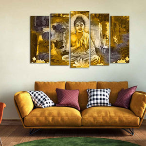 Abstract Art Meditating Lord Buddha Wall Painting Set of Five Pieces