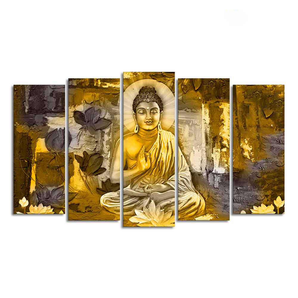 Abstract Art Meditating Lord Buddha Wall Painting Set of Five Pieces