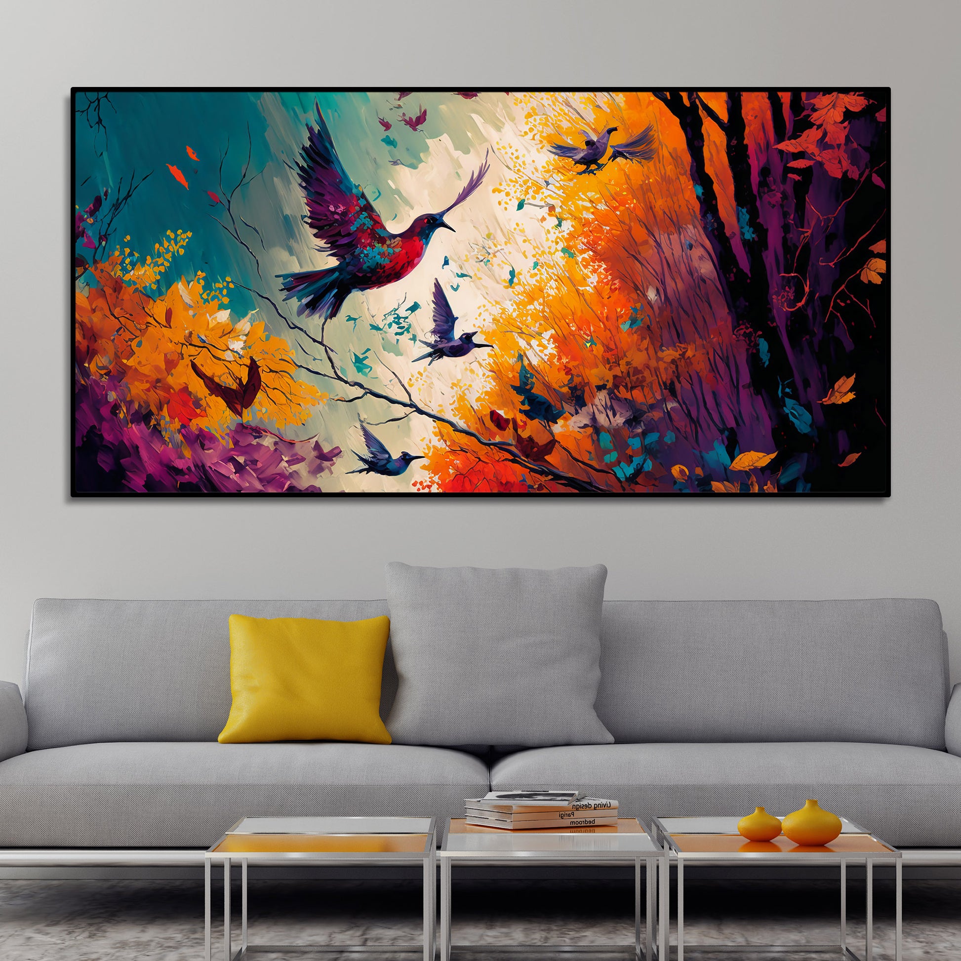 Abstract Art of Forest Landscape with Birds Canvas Wall Painting