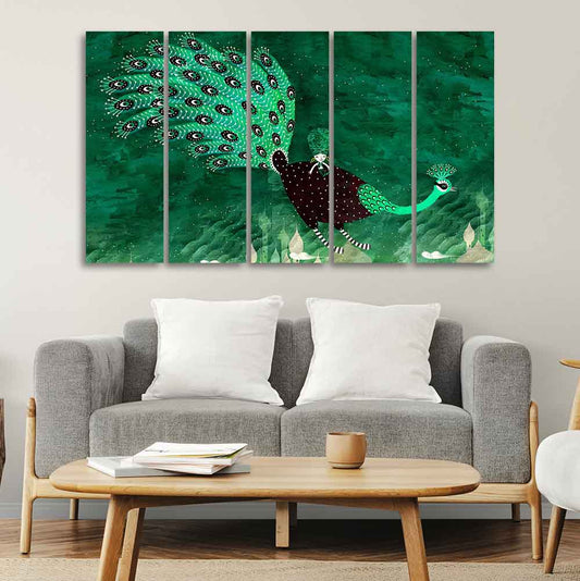 Abstract Art Peacock Canvas Wall Painting of 5 Pieces