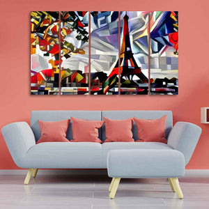 Abstract Art Premium Canvas Five Pieces Painting of Eiffel Tower in Paris