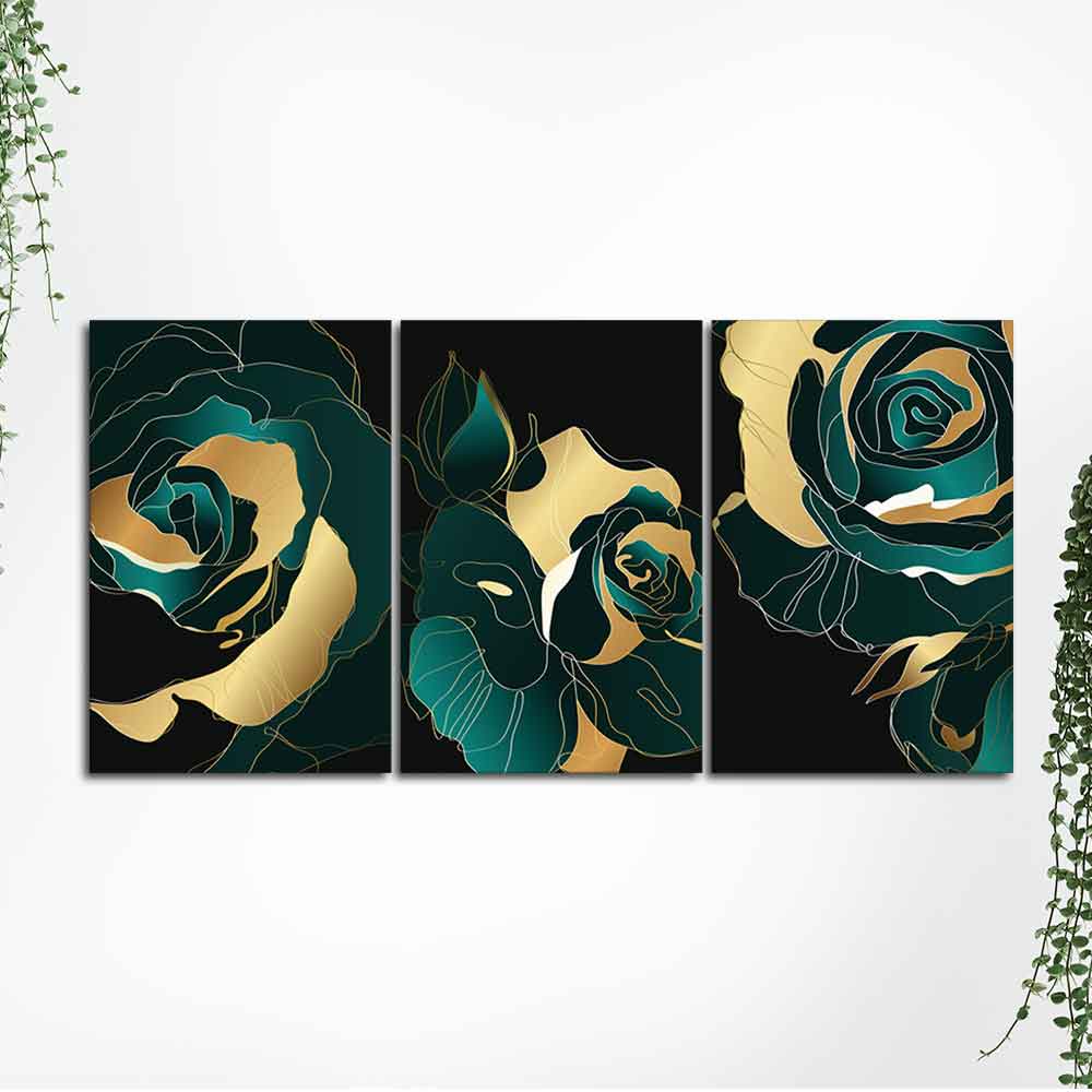 Abstract Line Art Rose Flower Wall Painting of 3 Pieces