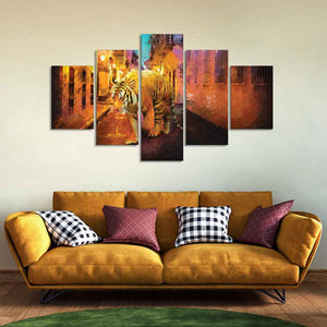 Abstract Art Tiger Walking on Street Canvas Wall Painting of Five Pieces