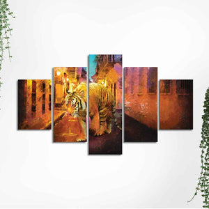 Abstract Art Tiger Walking on Street Canvas Wall Painting of Five Pieces