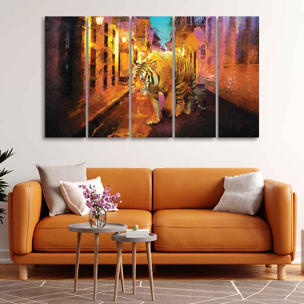 Abstract Art Tiger Walking on Street Five Pieces Canvas Wall Painting