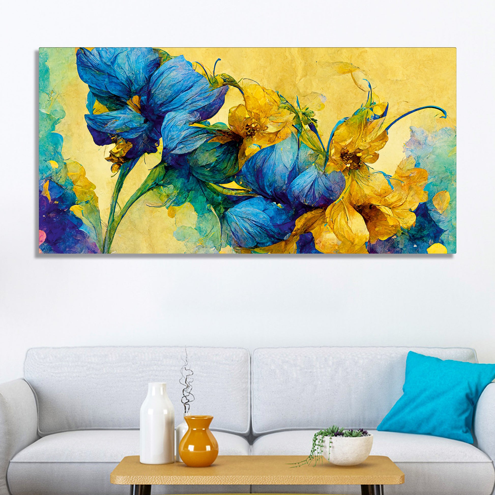 Abstract Blue and Gold Floral Art Canvas Wall Painting