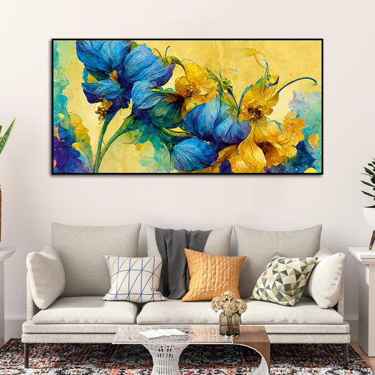 Abstract Blue and Gold Floral Art Canvas Wall Painting