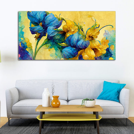 Abstract Blue and Gold Floral Art Canvas Wall Painting