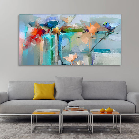 Abstract Colorful Canary Bird with Flowers Canvas Wall Painting