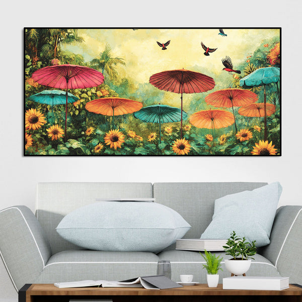 Abstract Colorful Umbrella with Wildflowers Nature Art Canvas Wall Painting