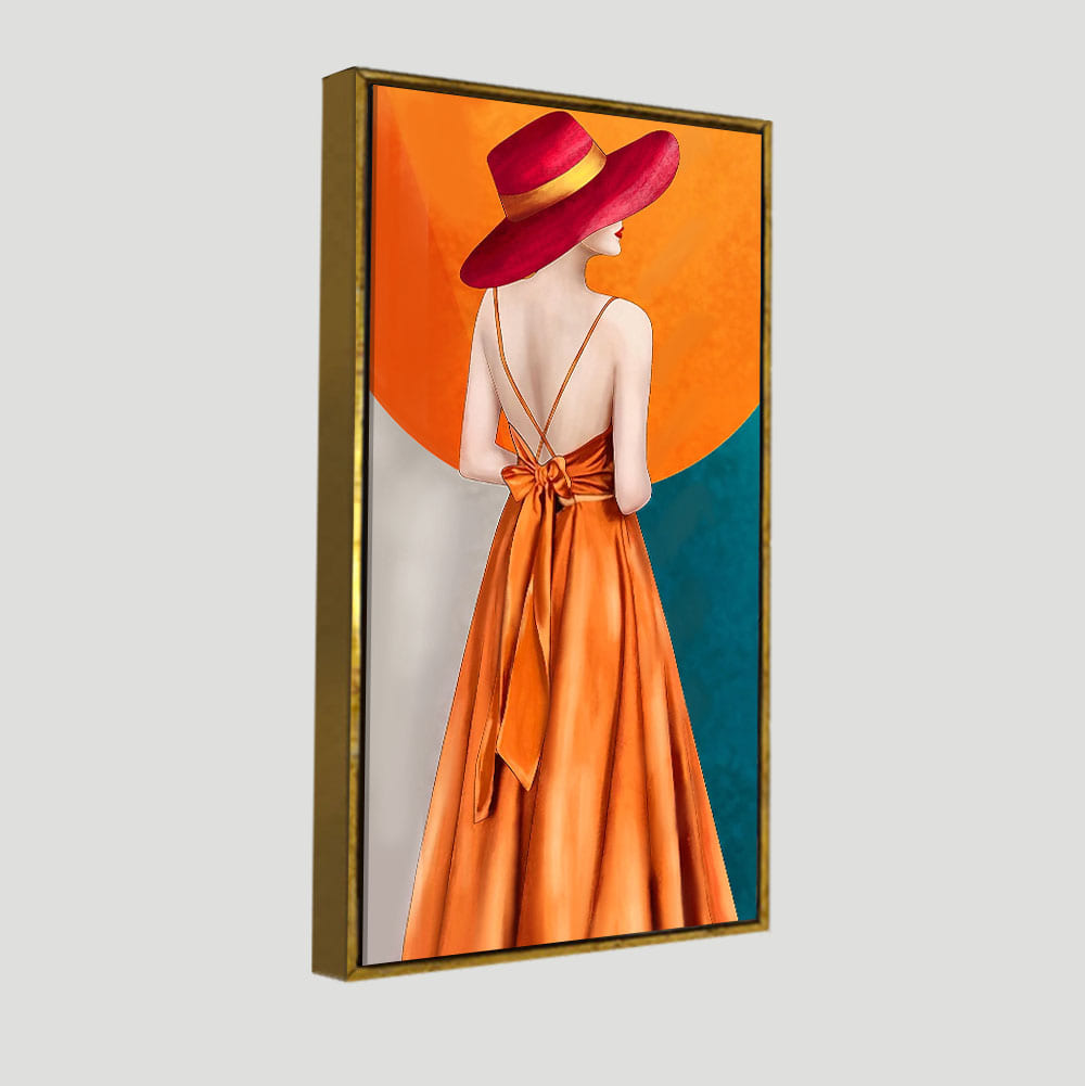 painting of woman in orange dress Flaming June Art Print by Lord Frederic Leighton