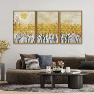 Abstract Forest Golden Leaf Art Premium Floating Canvas Wall Painting Set of Three