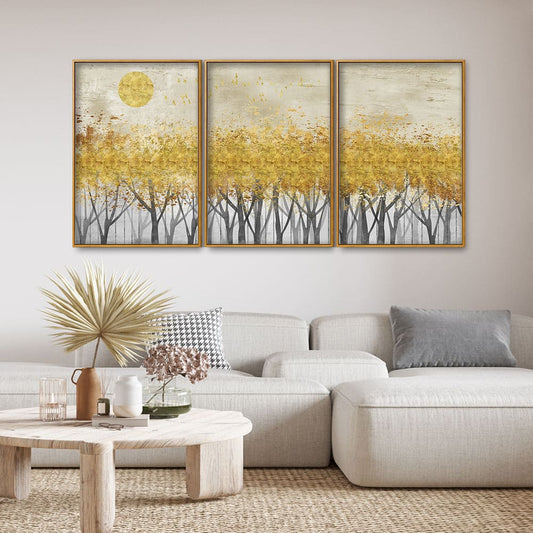 Abstract Forest Golden Leaf Art Premium Floating Canvas Wall Painting Set of Three