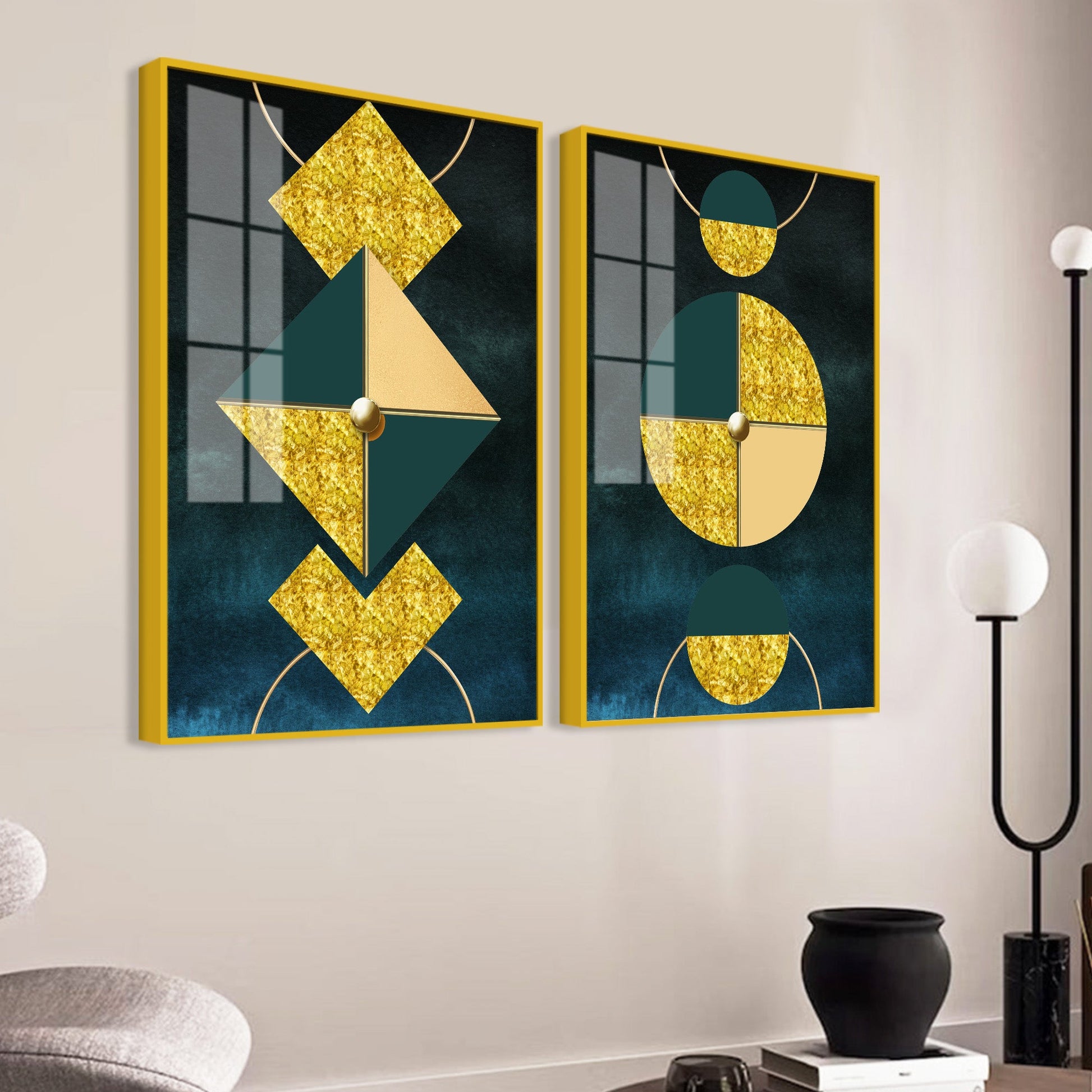 Abstract Geometry Shapes Art Acrylic Floating Wall Painting Set Of 2