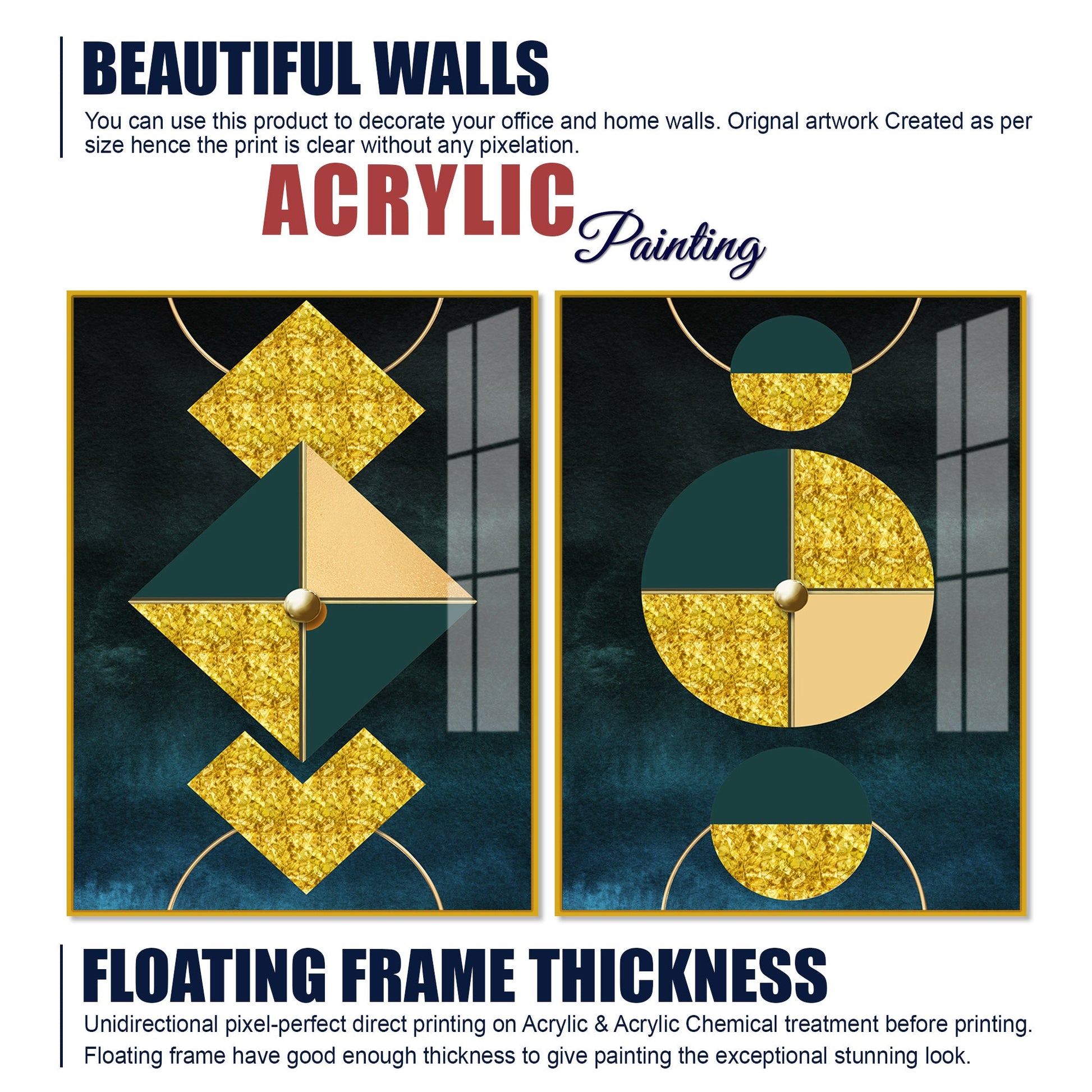 Abstract Geometry Shapes Art Acrylic Floating Wall Painting Set Of 2